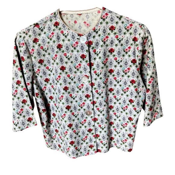 Vintage Cottagecore Cropped Button Floral Print Blue Gray Jacket Top Size Small - Picture 1 of 7